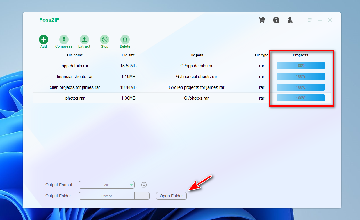 fosszip-windows-rar-extract-finished