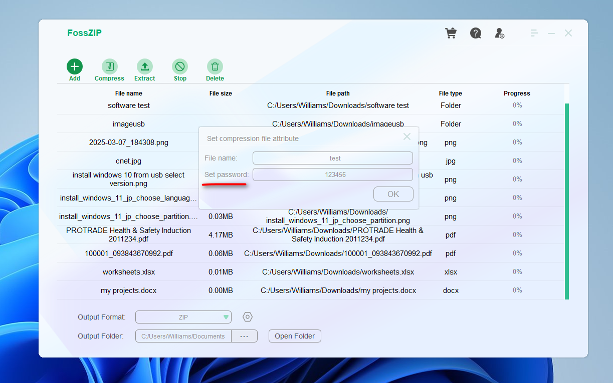 fosszip-windows-set-name-pwd