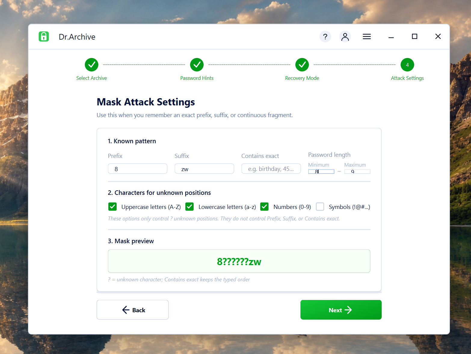 Enter password hints in Mask Attack settings