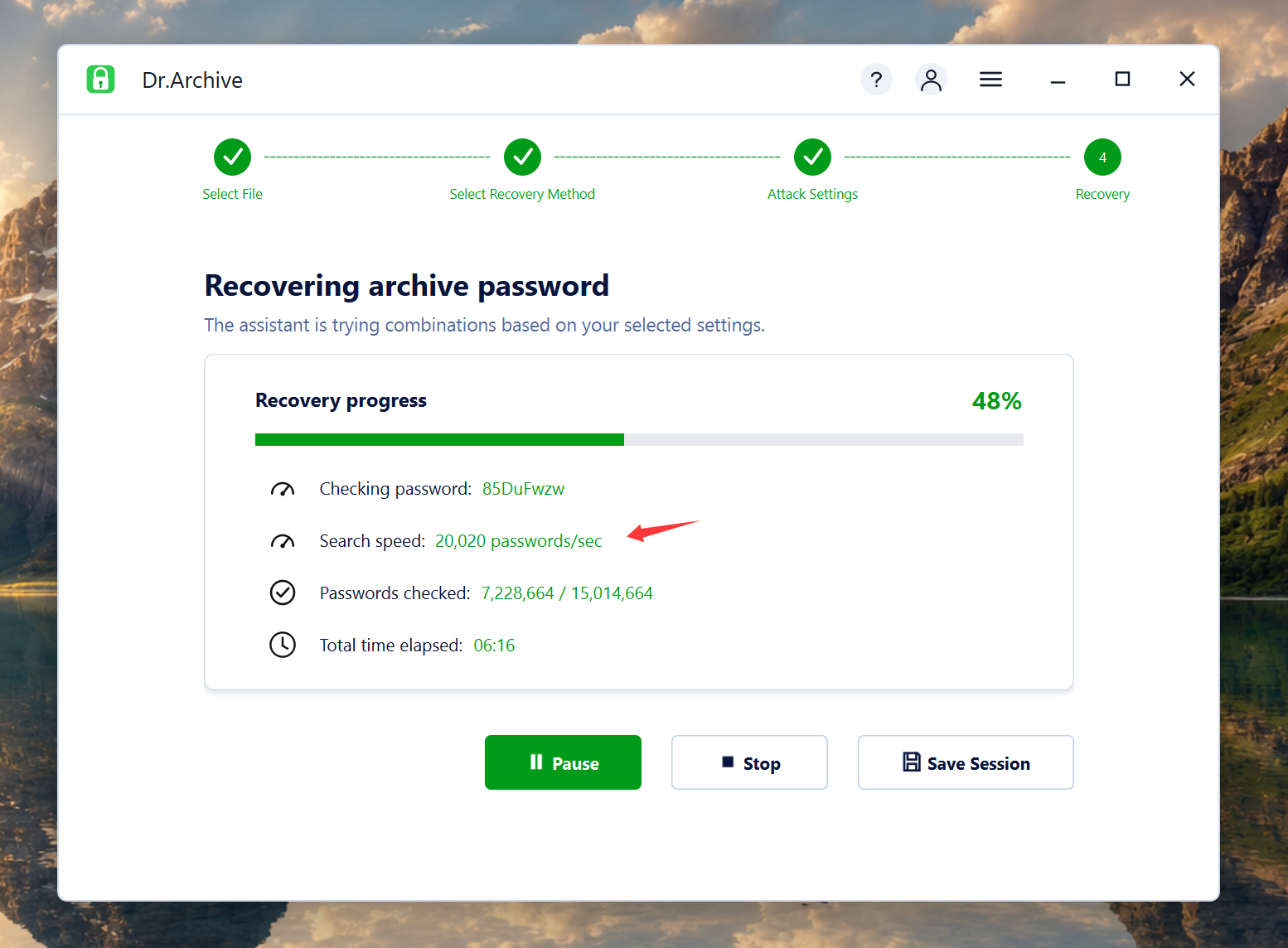 Dr.Archive searching for RAR password