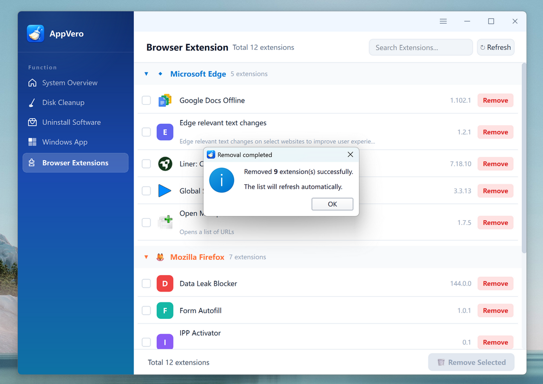 SysGeeker AppVero Remove Browser Extensions