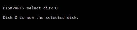 Select disk 0" where "0" 