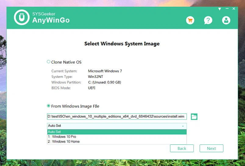 select Windows image to AnyWinGo
